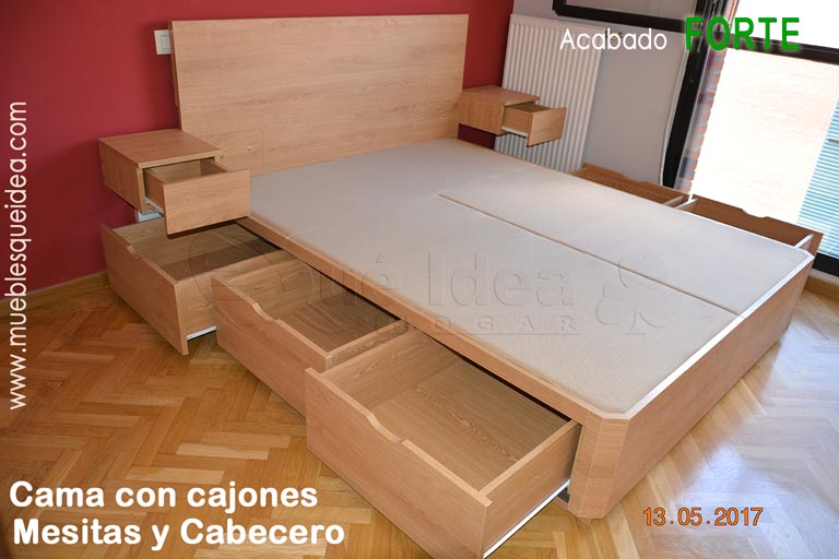 Mueble de dormitorio cama de matrimonio todo en uno con cabecero mesitas de reducido tamaño y cama con cajones laterales con los tiradores Uñero y las esquinas de la cama modalidad Chaflán