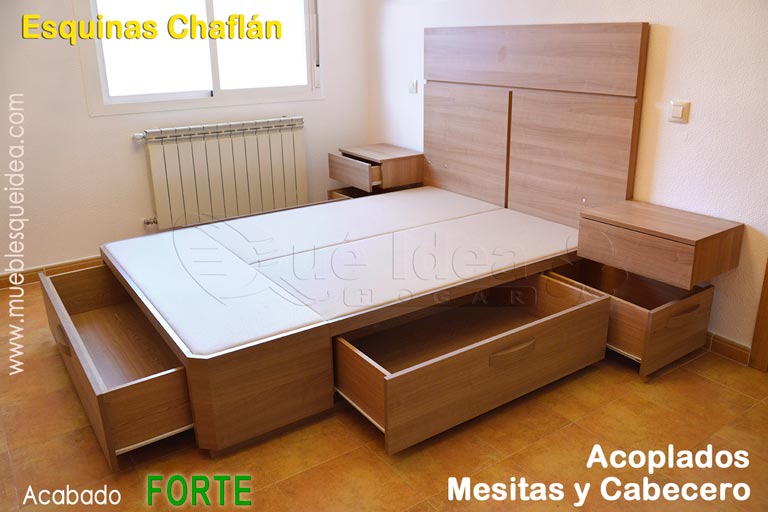 Mueble de dormitorio compuesto por Cama con cajones modelo Plus de matrimonio con cabecero y mesitas suspendidas acopladas al cabecero