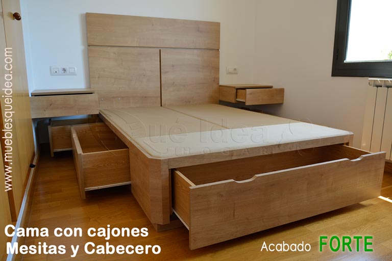 Mueble de dormitorio cama de matrimonio todo en uno con cabecero mesitas de reducido tamaño y cama con cajones laterales con los tiradores Uñero y las esquinas de la cama modalidad Chaflán