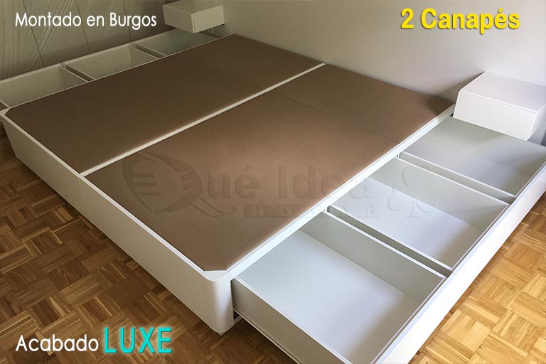 Todo en uno compuesto por 2 canapes con 3 cajones laterales cada uno, son de 105cm de ancho por 190cm de largo con dos mesitas flotantes todo con acabado Luxe montado en Burgos