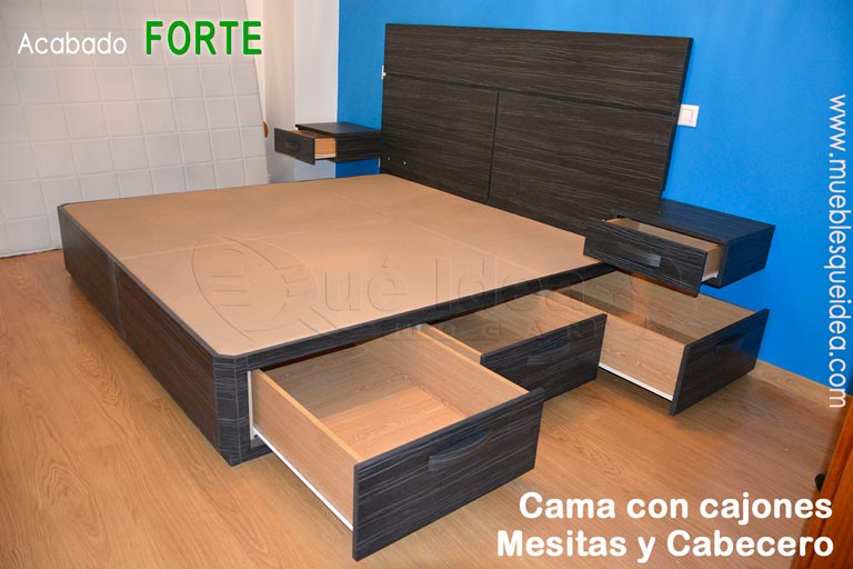 Sistema de mueble todo en uno para dormmitorio incluye cabecero mesitas acopladas suspendidas y un canapé con cajones laterales todo montado en casa del cliente