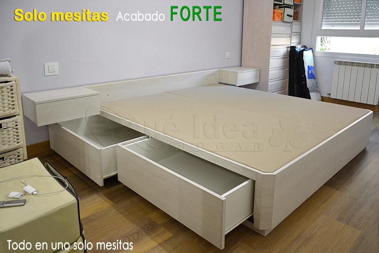 Canapé con cajones con sistema de mesitas de noche colgadas de la pared